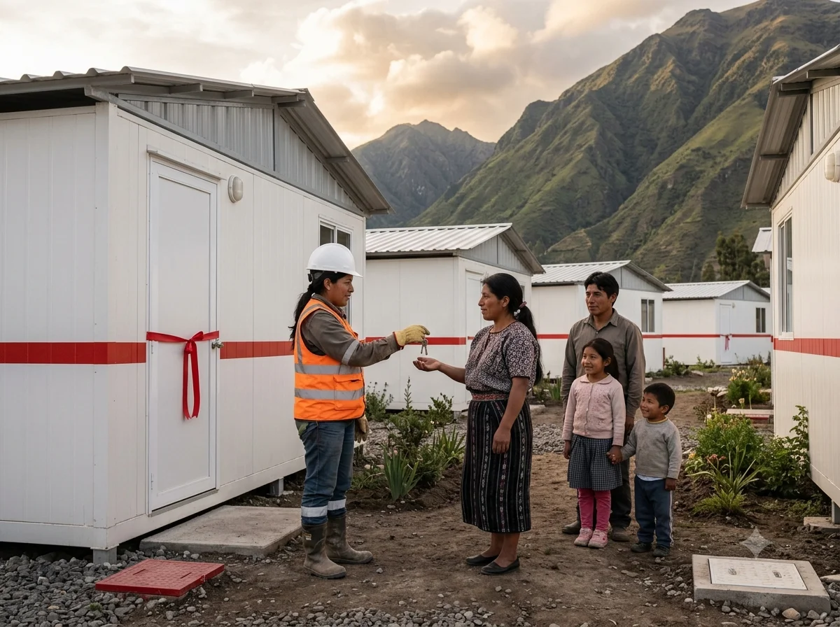 familia recibiendo llaves frente a vivienda modular
